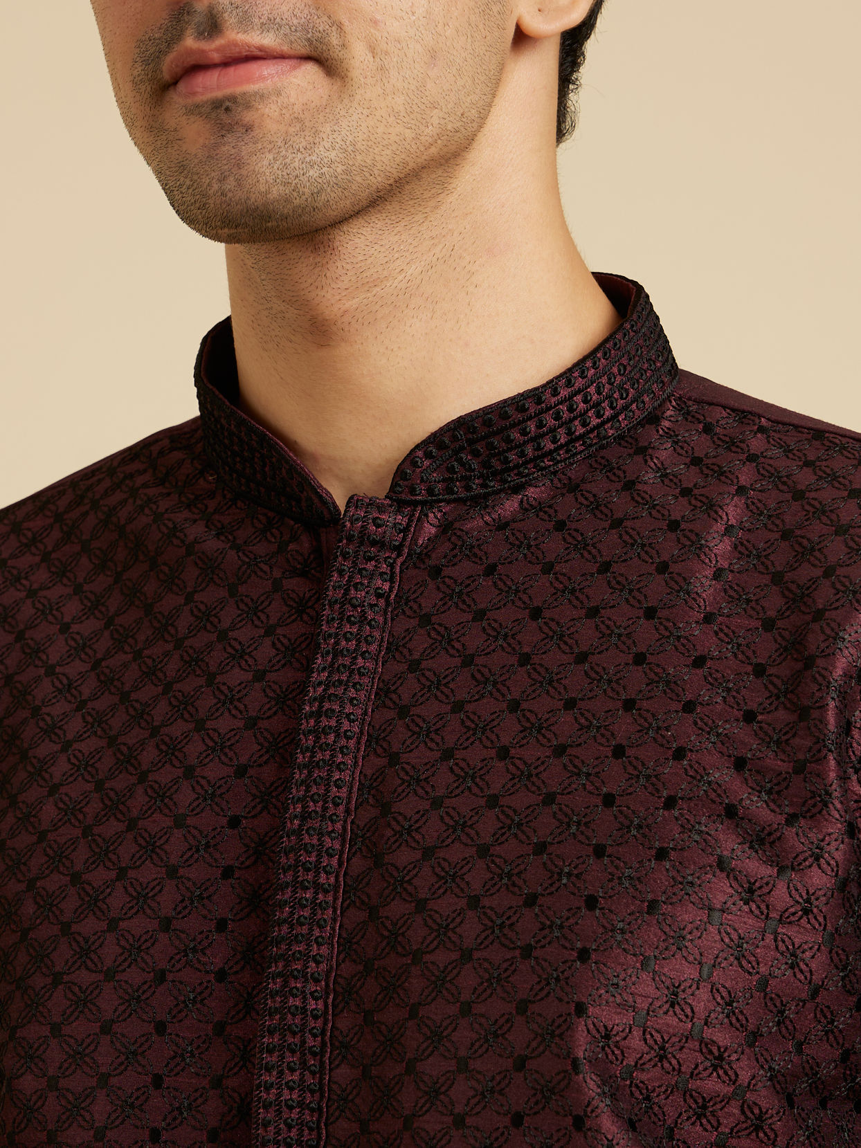 Manyavar Men Wine Self Design Kurta With Black Churidar