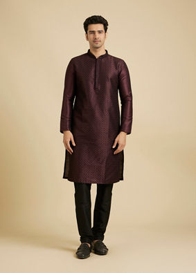 Manyavar Men Wine Self Design Kurta With Black Churidar image number 2