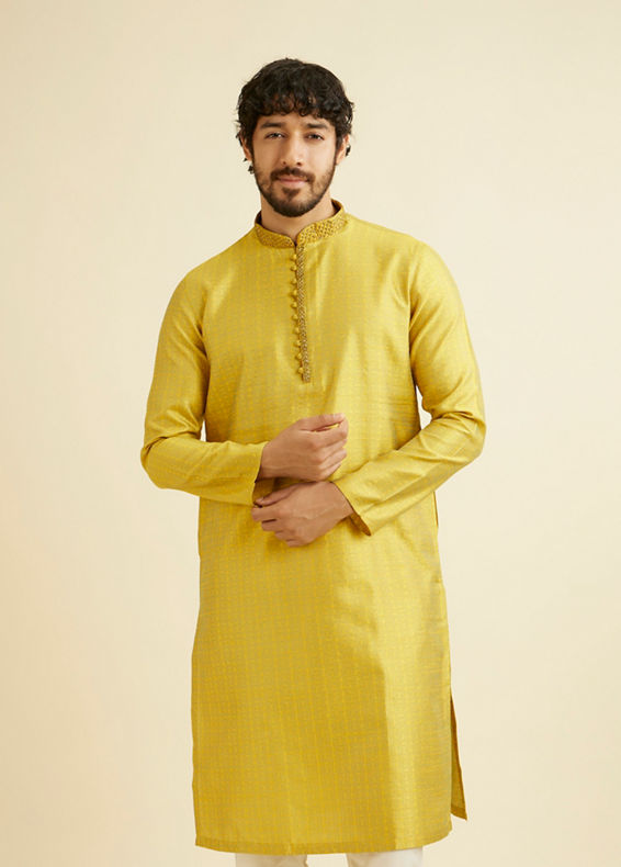 Manyavar Men Golden Yellow Self Design Kurta Set