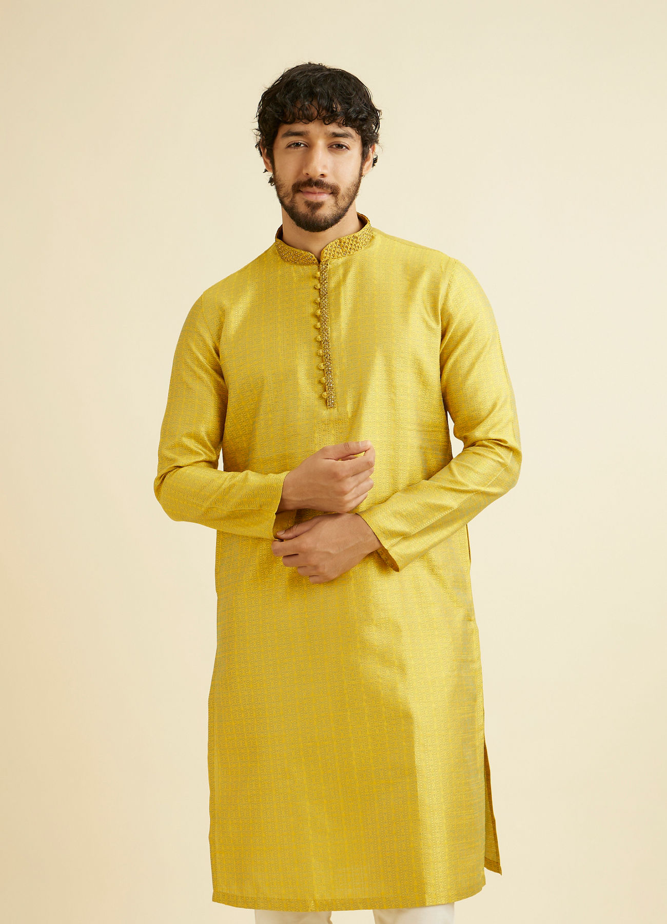 Manyavar Men Golden Yellow Self Design Kurta Set