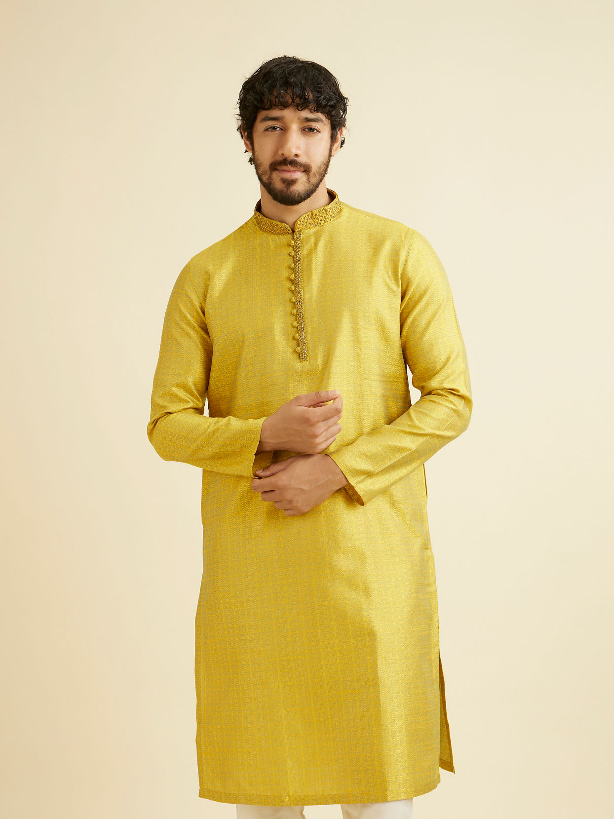 Manyavar Men Golden Yellow Self Design Kurta Set image number 0