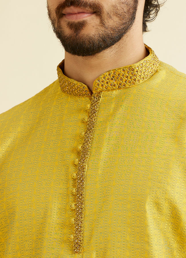 Manyavar Men Golden Yellow Self Design Kurta Set image number 1