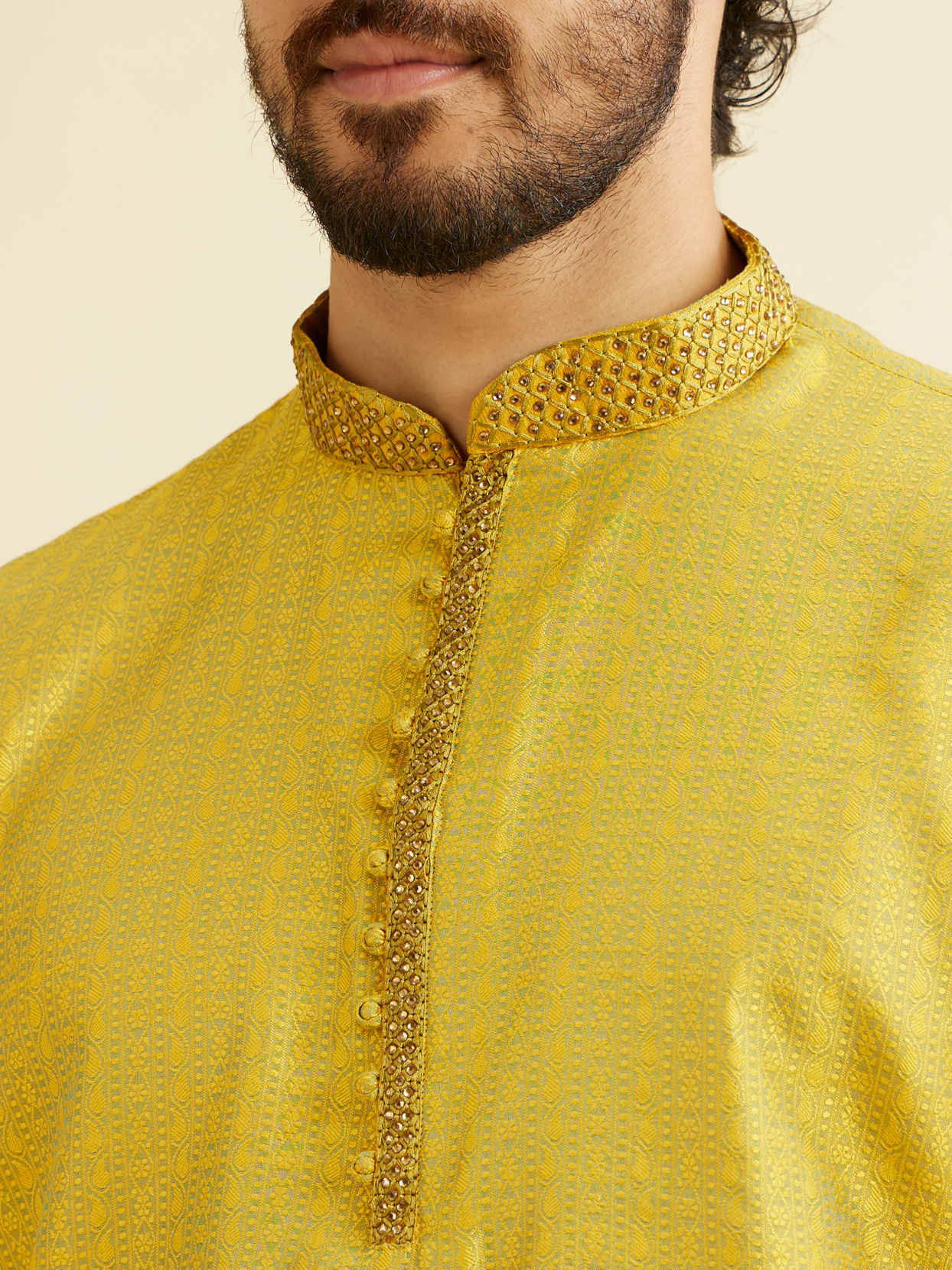 Manyavar Men Golden Yellow Self Design Kurta Set image number 1