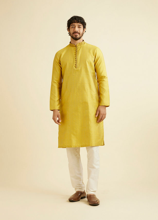 Manyavar Men Golden Yellow Self Design Kurta Set image number 2