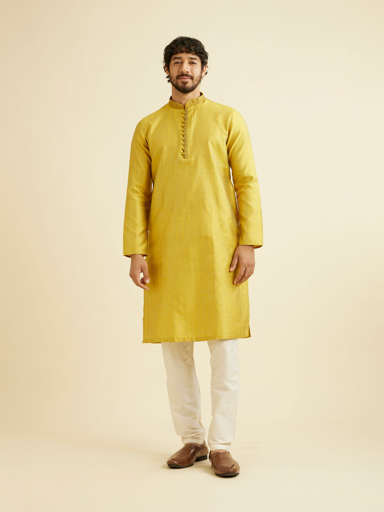 Manyavar Men Golden Yellow Self Design Kurta Set