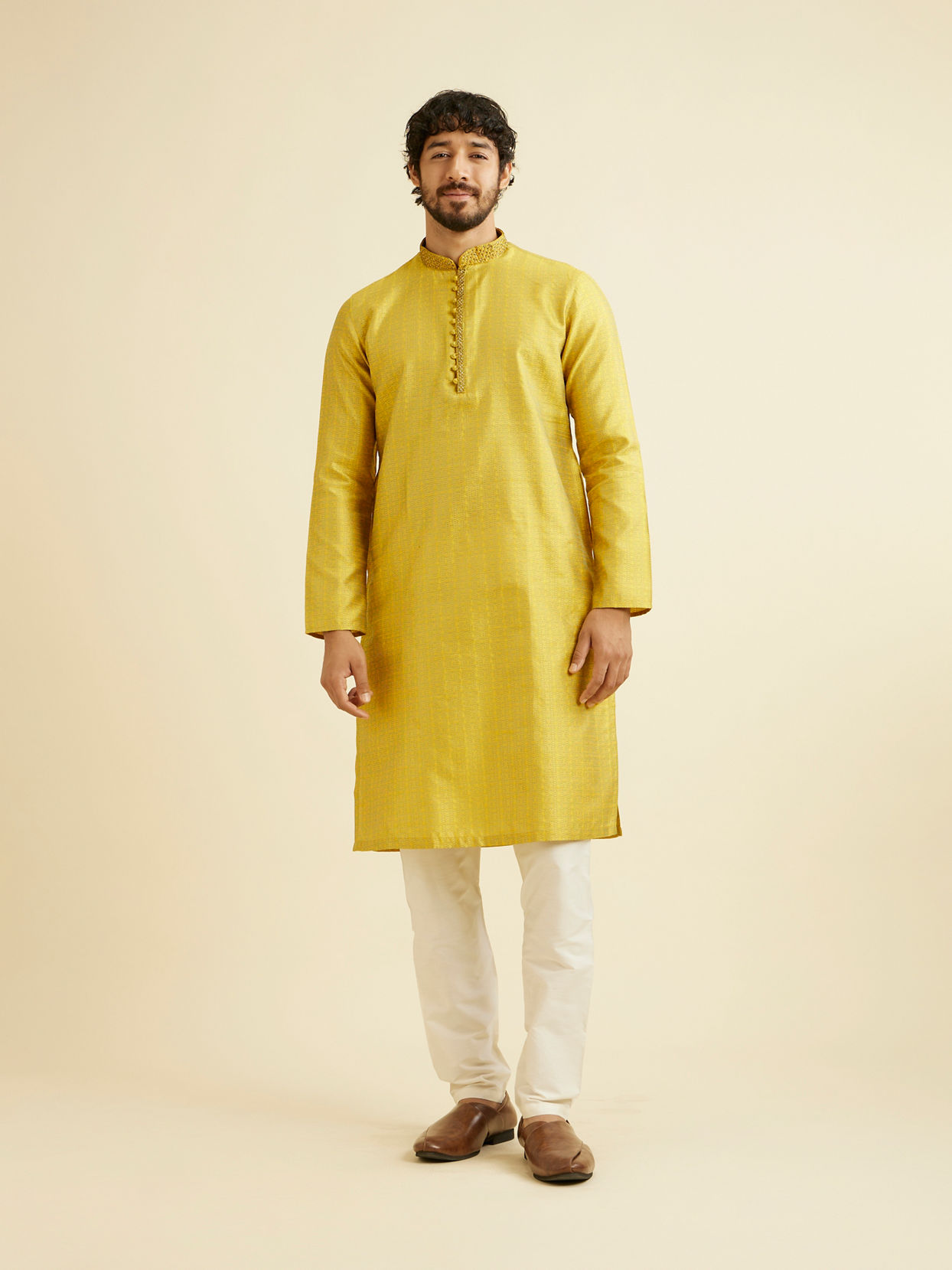 Manyavar Men Golden Yellow Self Design Kurta Set image number 2