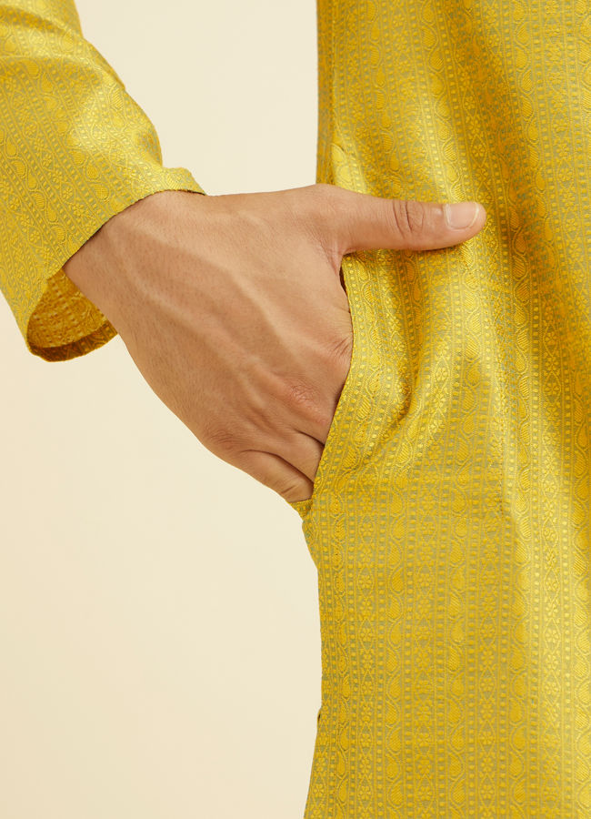 Manyavar Men Golden Yellow Self Design Kurta Set image number 3