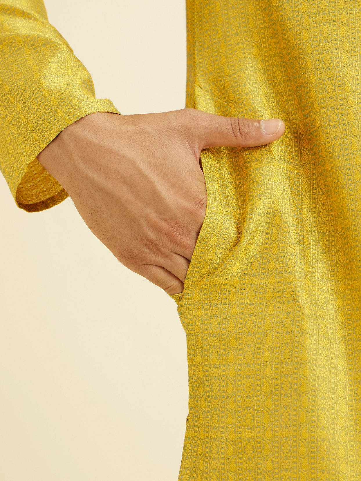 Manyavar Men Golden Yellow Self Design Kurta Set image number 3