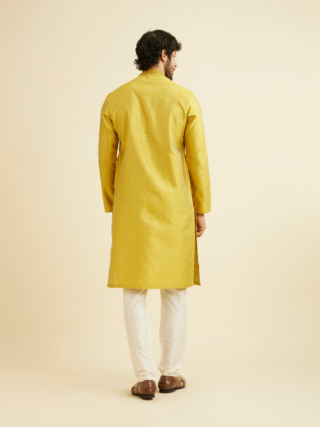 Manyavar Men Golden Yellow Self Design Kurta Set