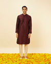 Manyavar Men Wine Red Lattice Patterned Patra Work Kurta Set