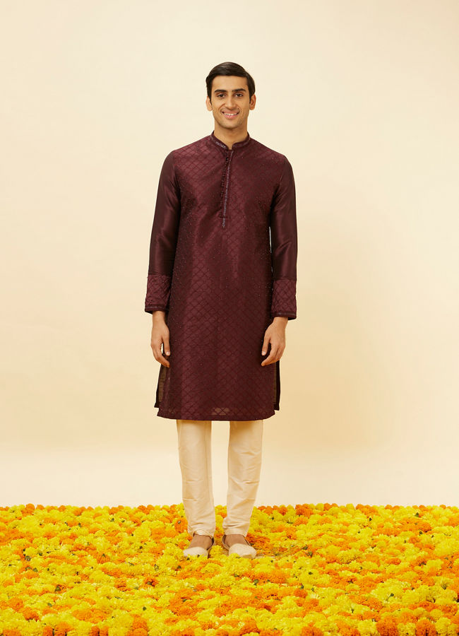 alt message - Manyavar Men Wine Red Lattice Patterned Patra Work Kurta Set image number 2