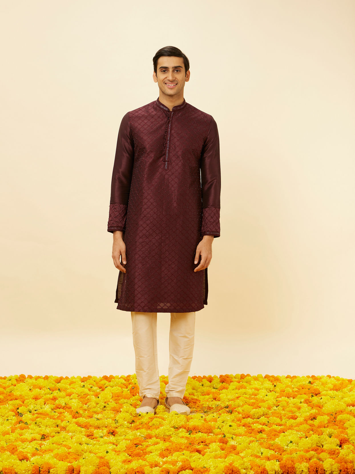 Manyavar Men Wine Red Lattice Patterned Patra Work Kurta Set