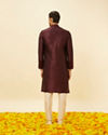 Manyavar Men Wine Red Lattice Patterned Patra Work Kurta Set