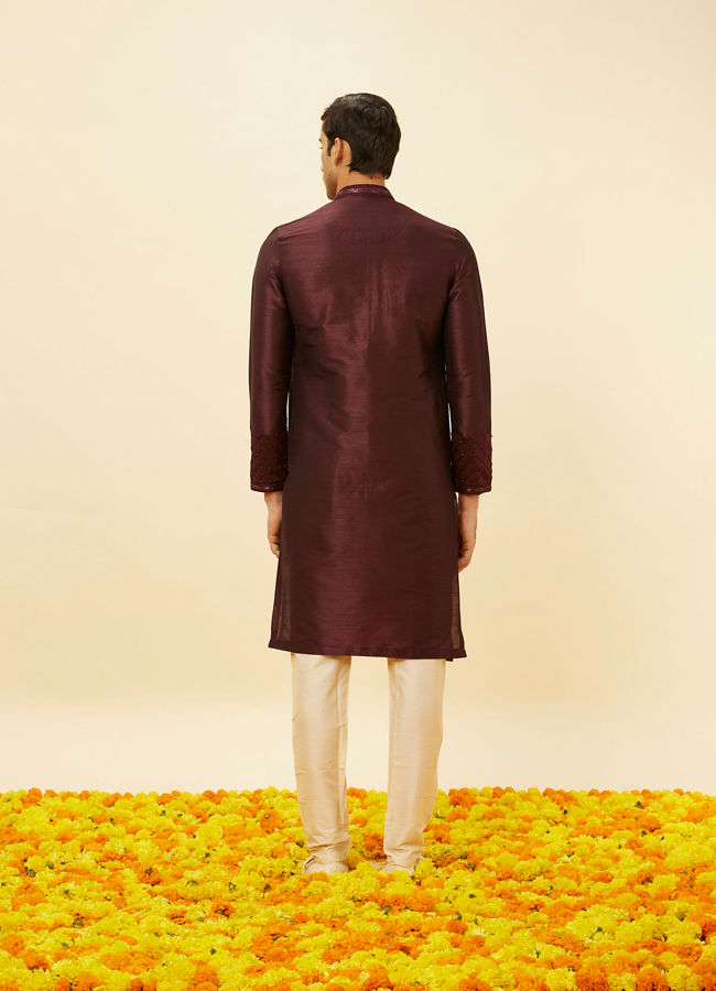 Manyavar Men Wine Red Lattice Patterned Patra Work Kurta Set