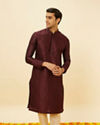 alt message - Manyavar Men Wine Red Lattice Patterned Patra Work Kurta Set image number 0