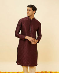 Manyavar Men Wine Red Lattice Patterned Patra Work Kurta Set