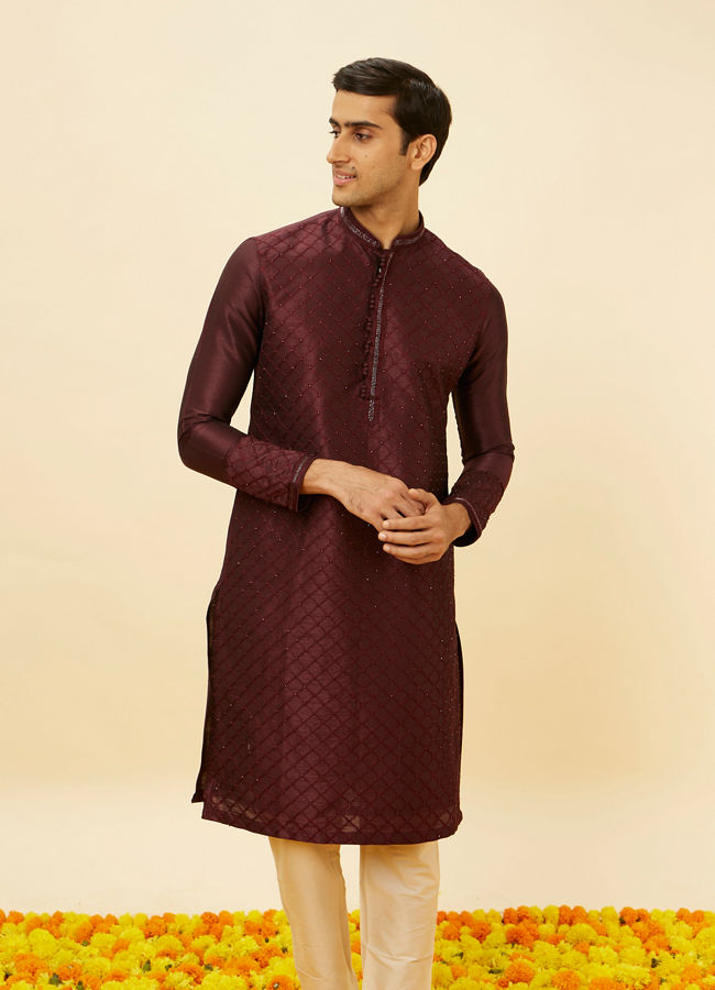 alt message - Manyavar Men Wine Red Lattice Patterned Patra Work Kurta Set image number 0