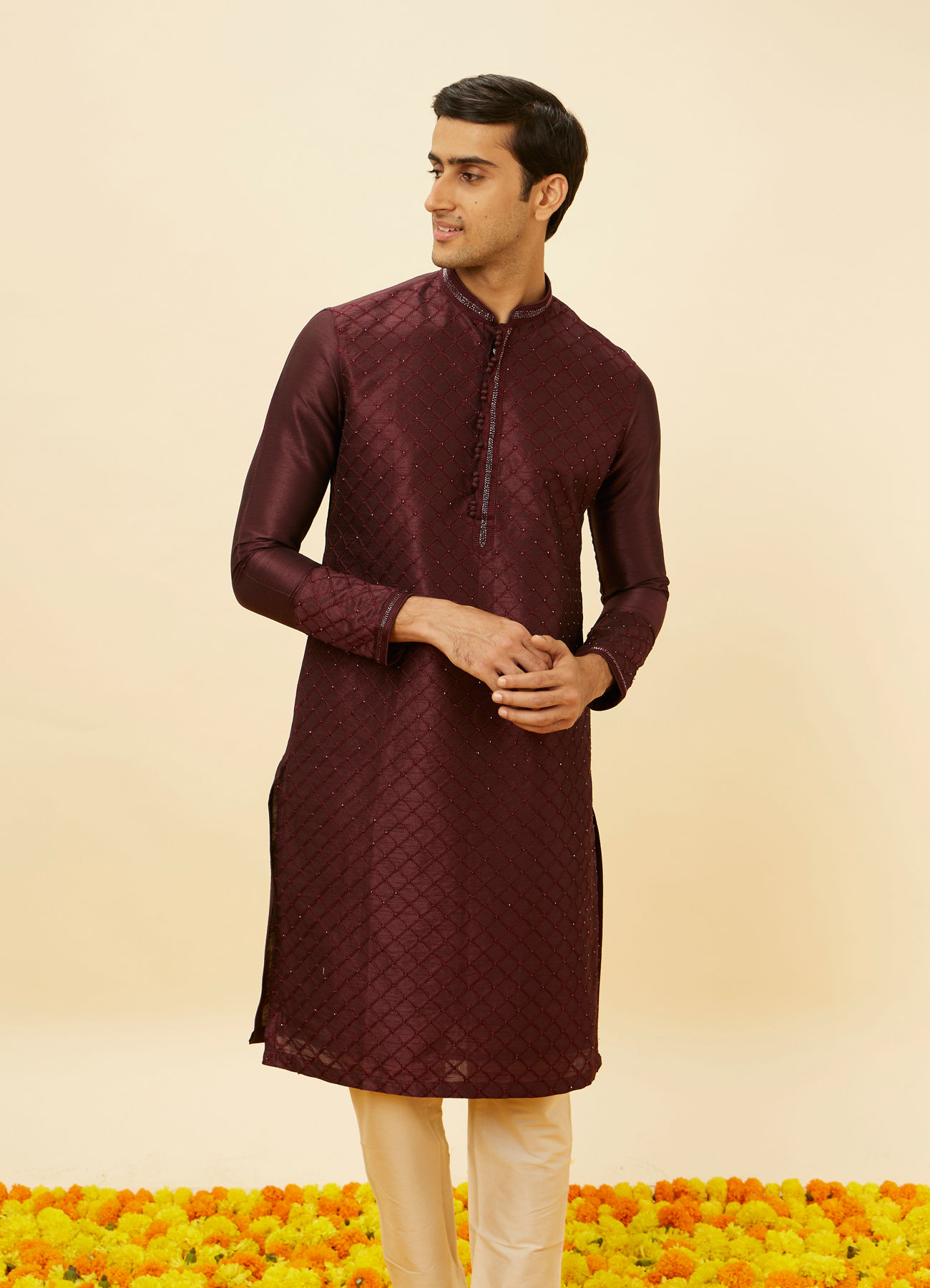Manyavar Men Wine Red Lattice Patterned Patra Work Kurta Set