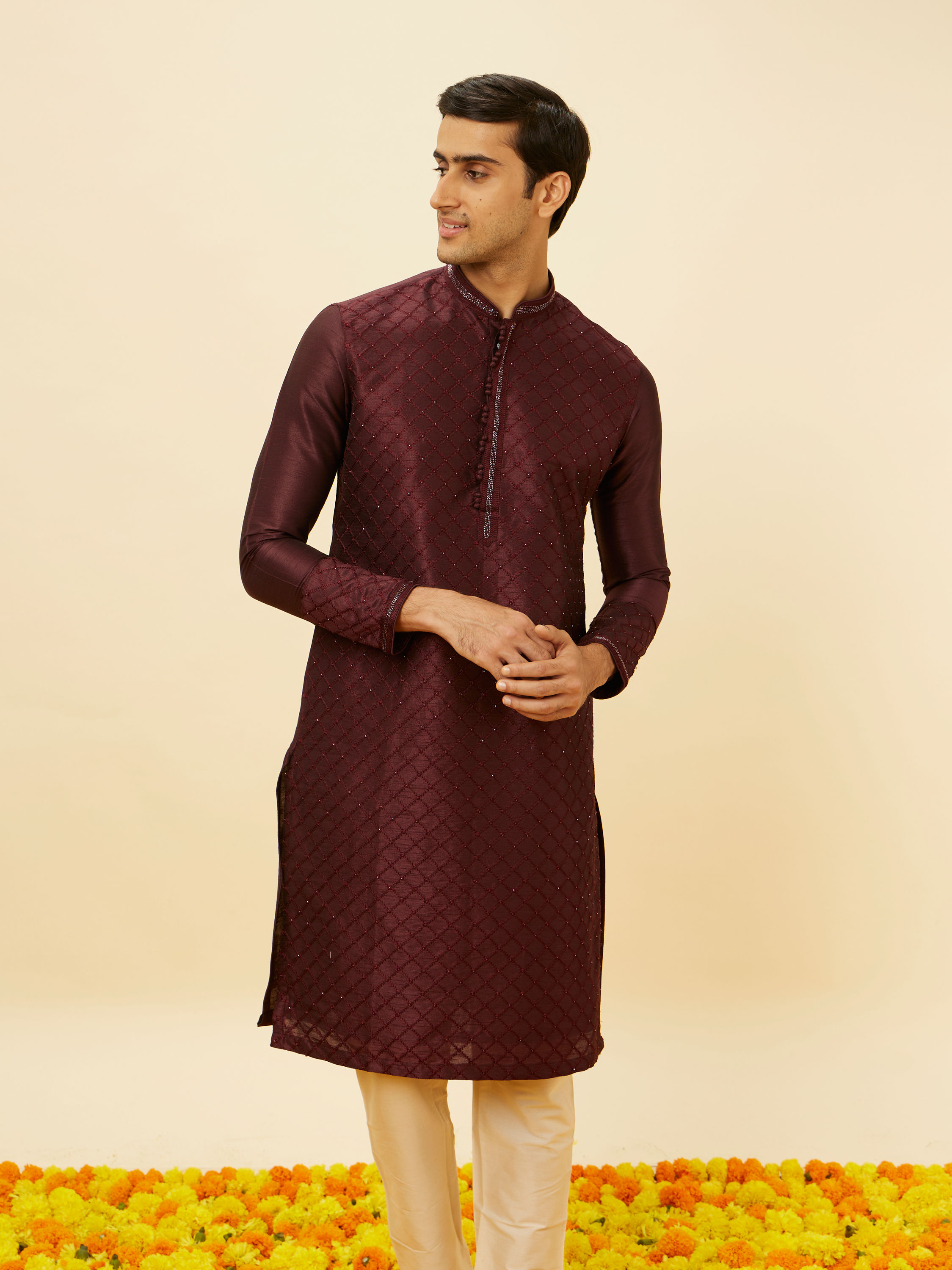 Manyavar Men Wine Red Lattice Patterned Patra Work Kurta Set