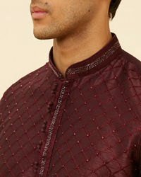 Manyavar Men Wine Red Lattice Patterned Patra Work Kurta Set