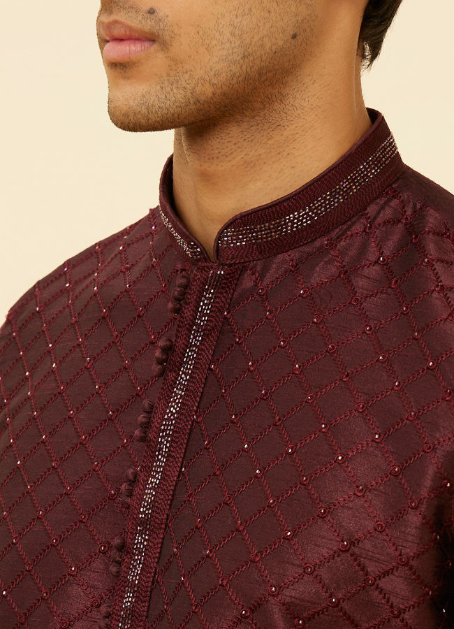 Manyavar Men Wine Red Lattice Patterned Patra Work Kurta Set