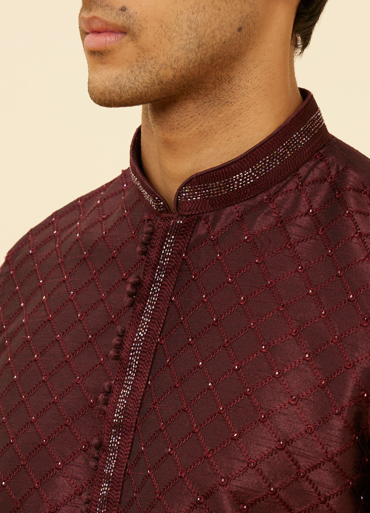 Manyavar Men Wine Red Lattice Patterned Patra Work Kurta Set