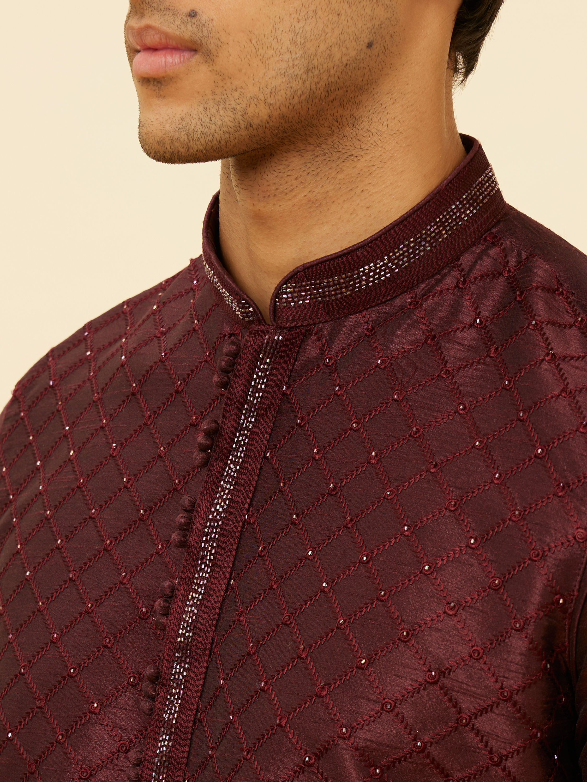 Manyavar Men Wine Red Lattice Patterned Patra Work Kurta Set