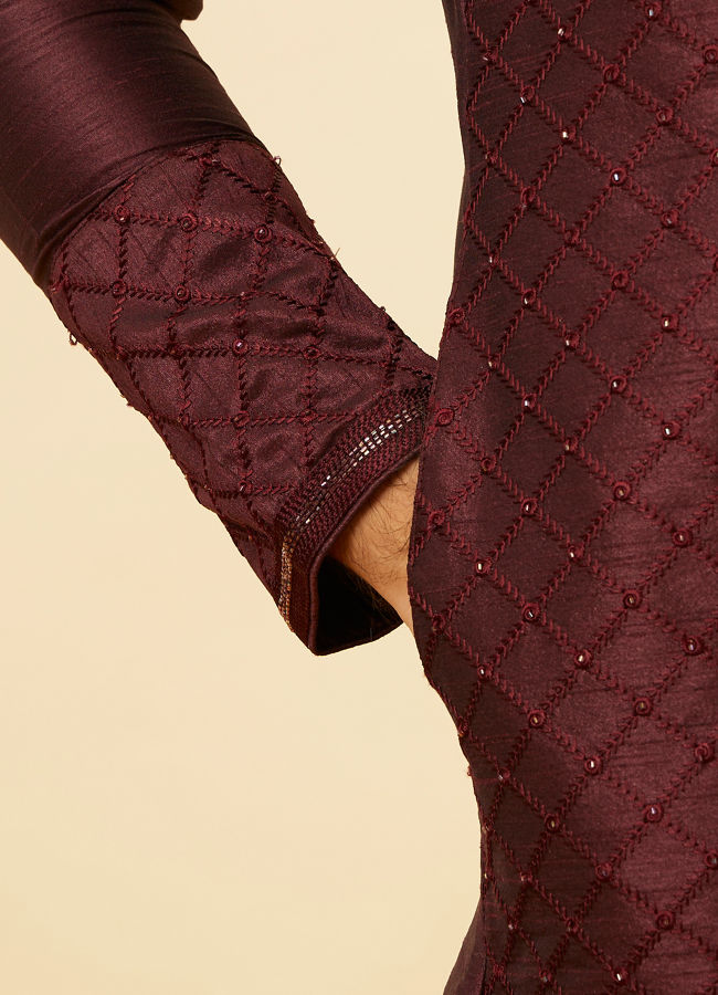 Manyavar Men Wine Red Lattice Patterned Patra Work Kurta Set