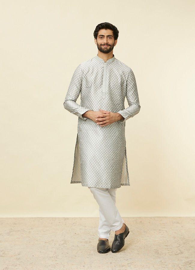Manyavar Men Pearl River Grey Buta Patterned Kurta Set