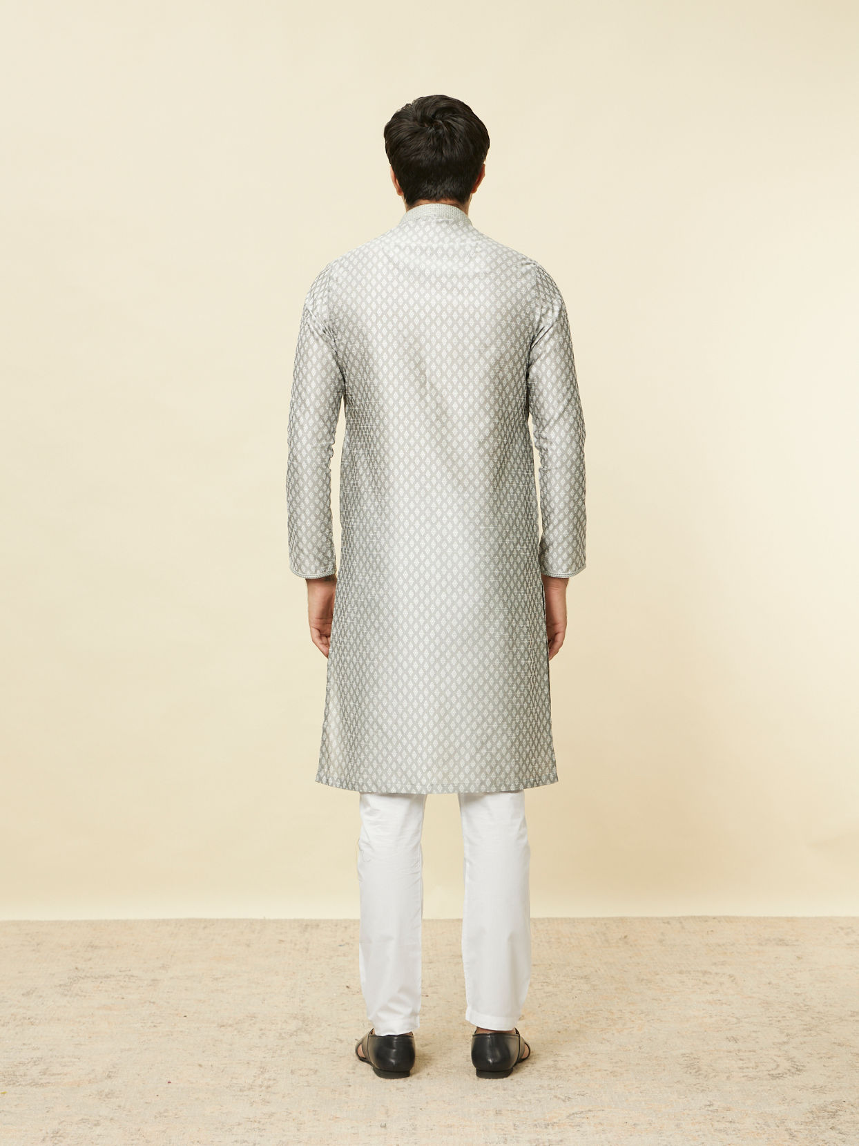 Manyavar Men Pearl River Grey Buta Patterned Kurta Set