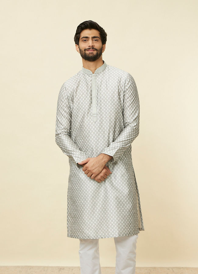 alt message - Manyavar Men Pearl River Grey Buta Patterned Kurta Set image number 0