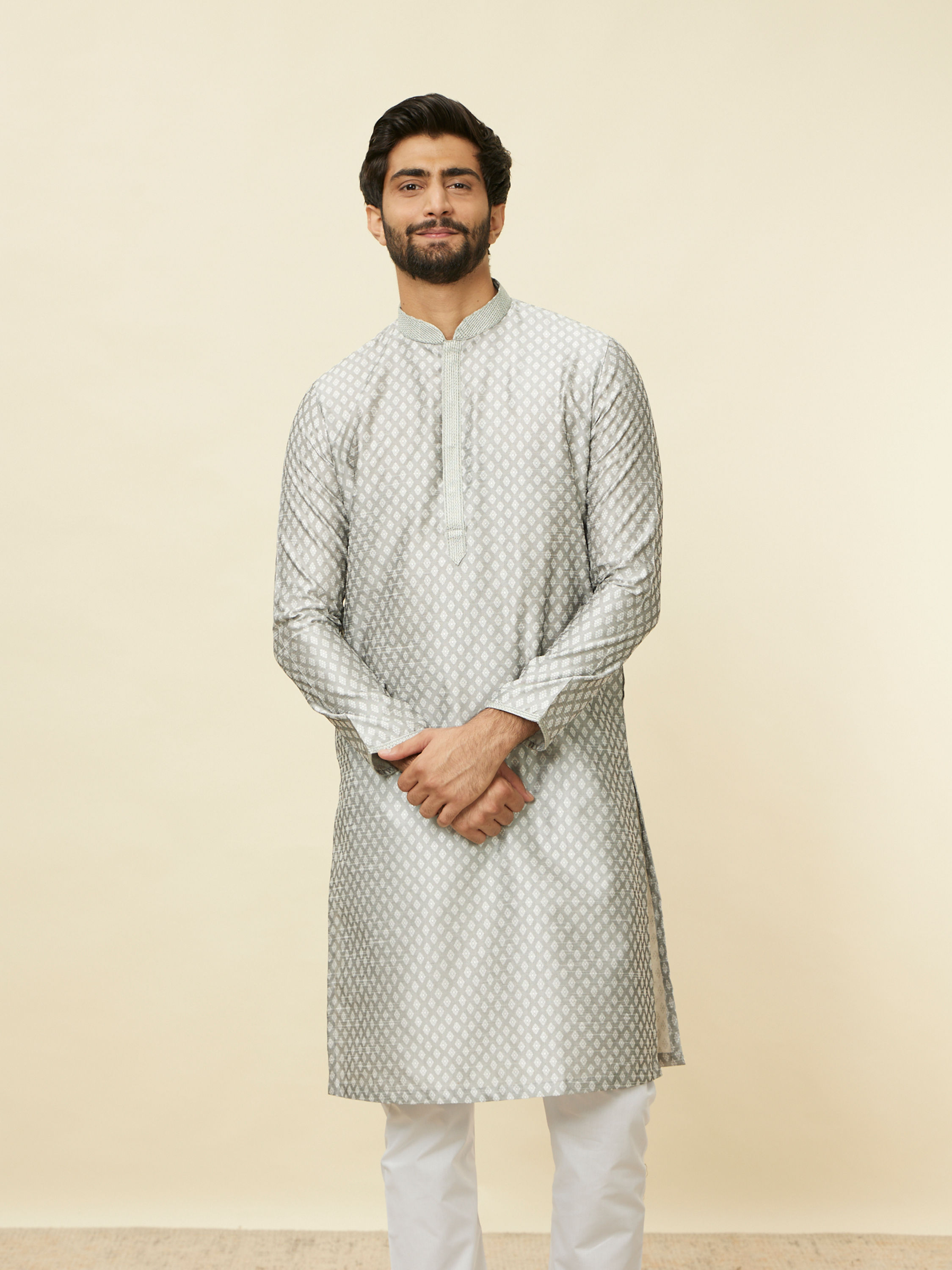 Manyavar Men Pearl River Grey Buta Patterned Kurta Set
