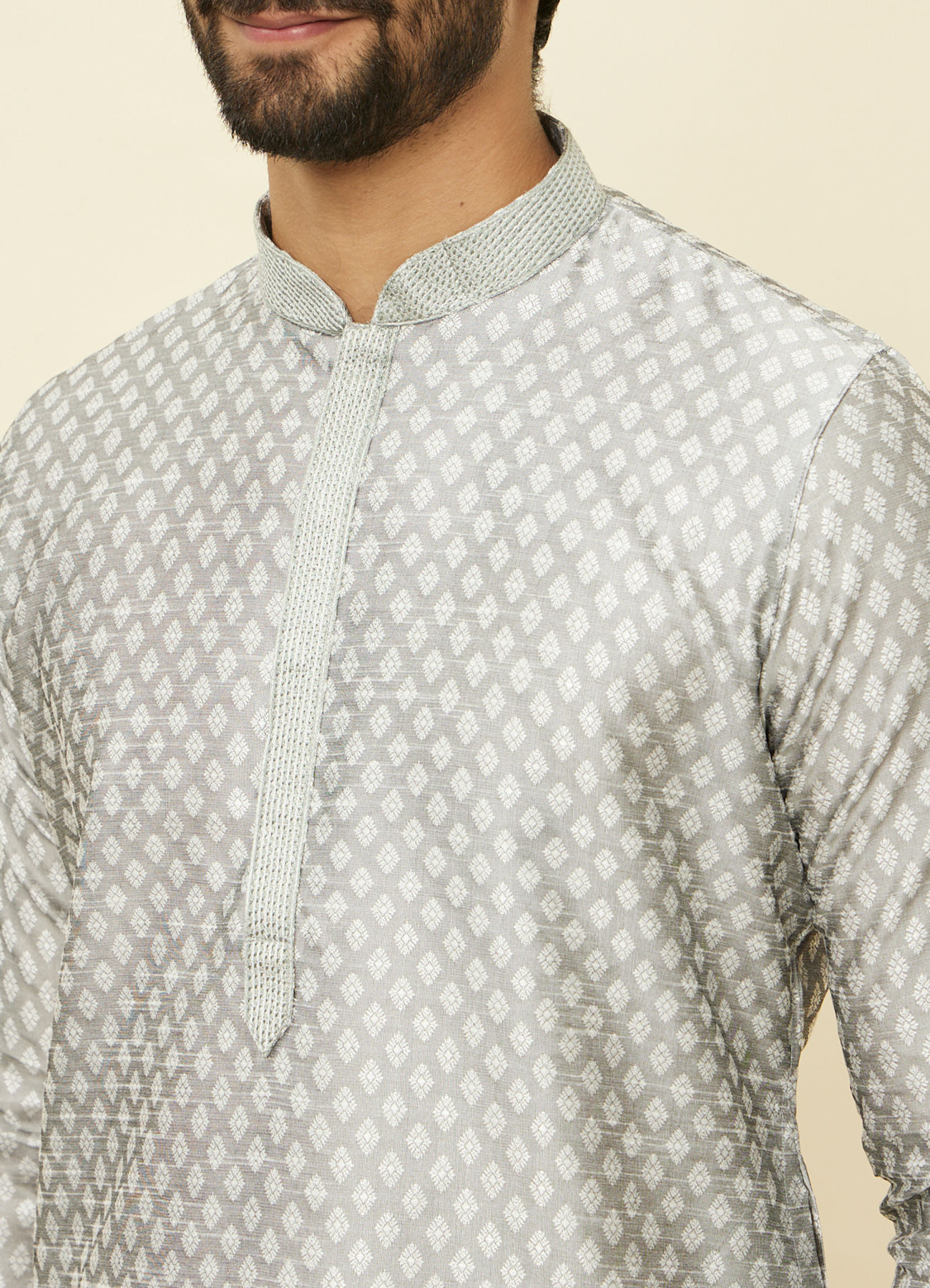 Manyavar Men Pearl River Grey Buta Patterned Kurta Set