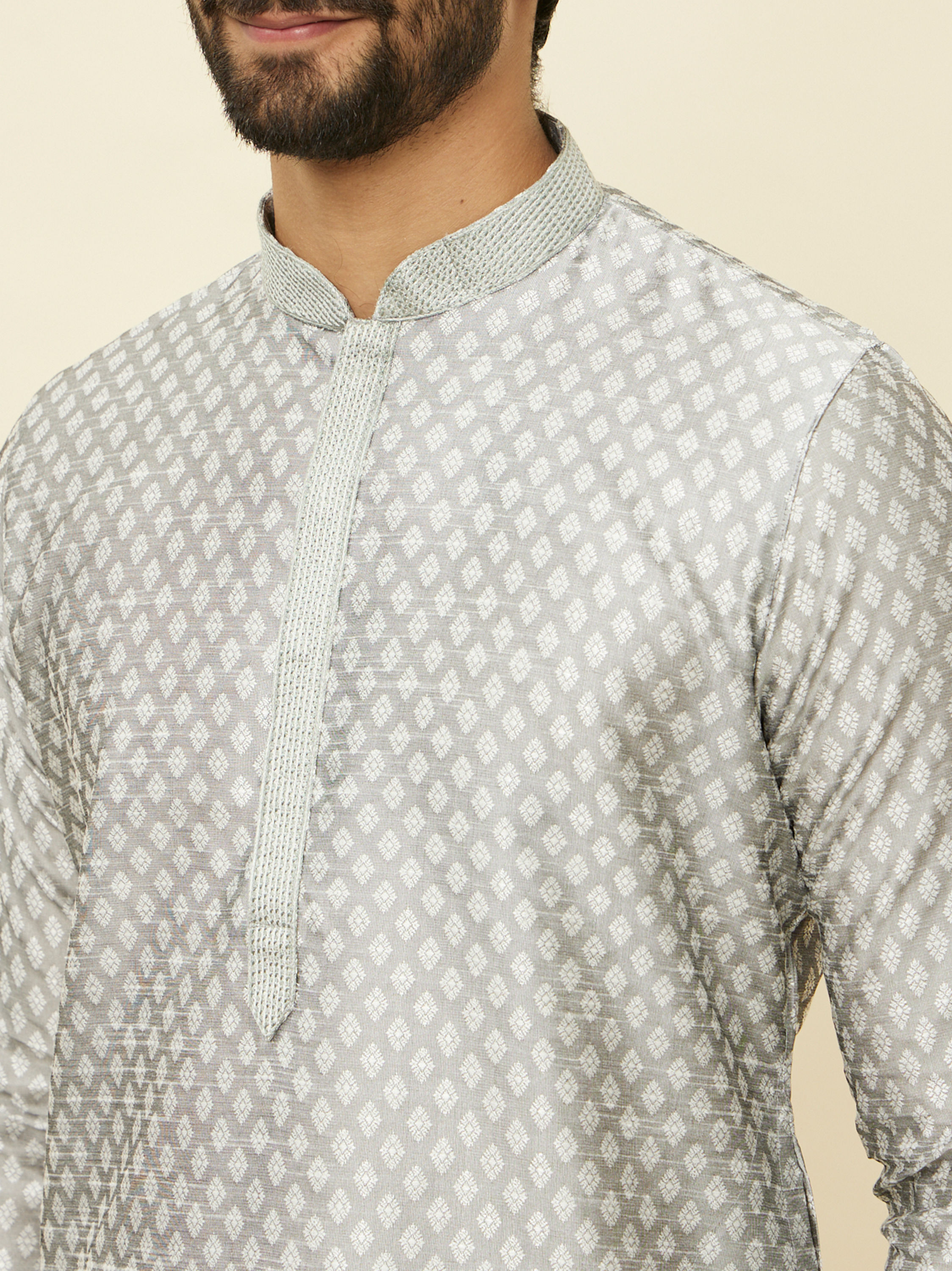 Manyavar Men Pearl River Grey Buta Patterned Kurta Set