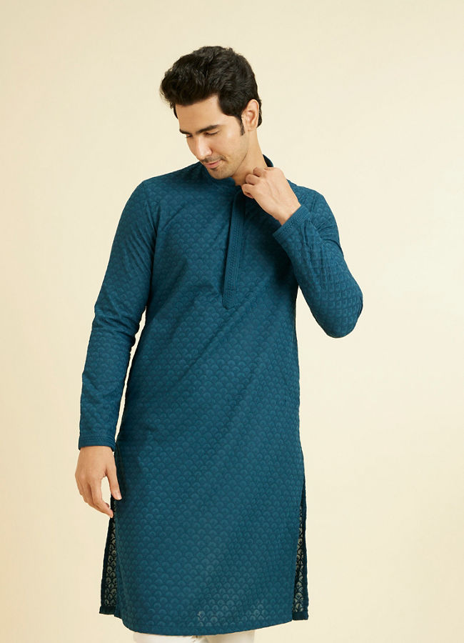 alt message - Manyavar Men Berry Blue Chikankari Kurta Set image number 0