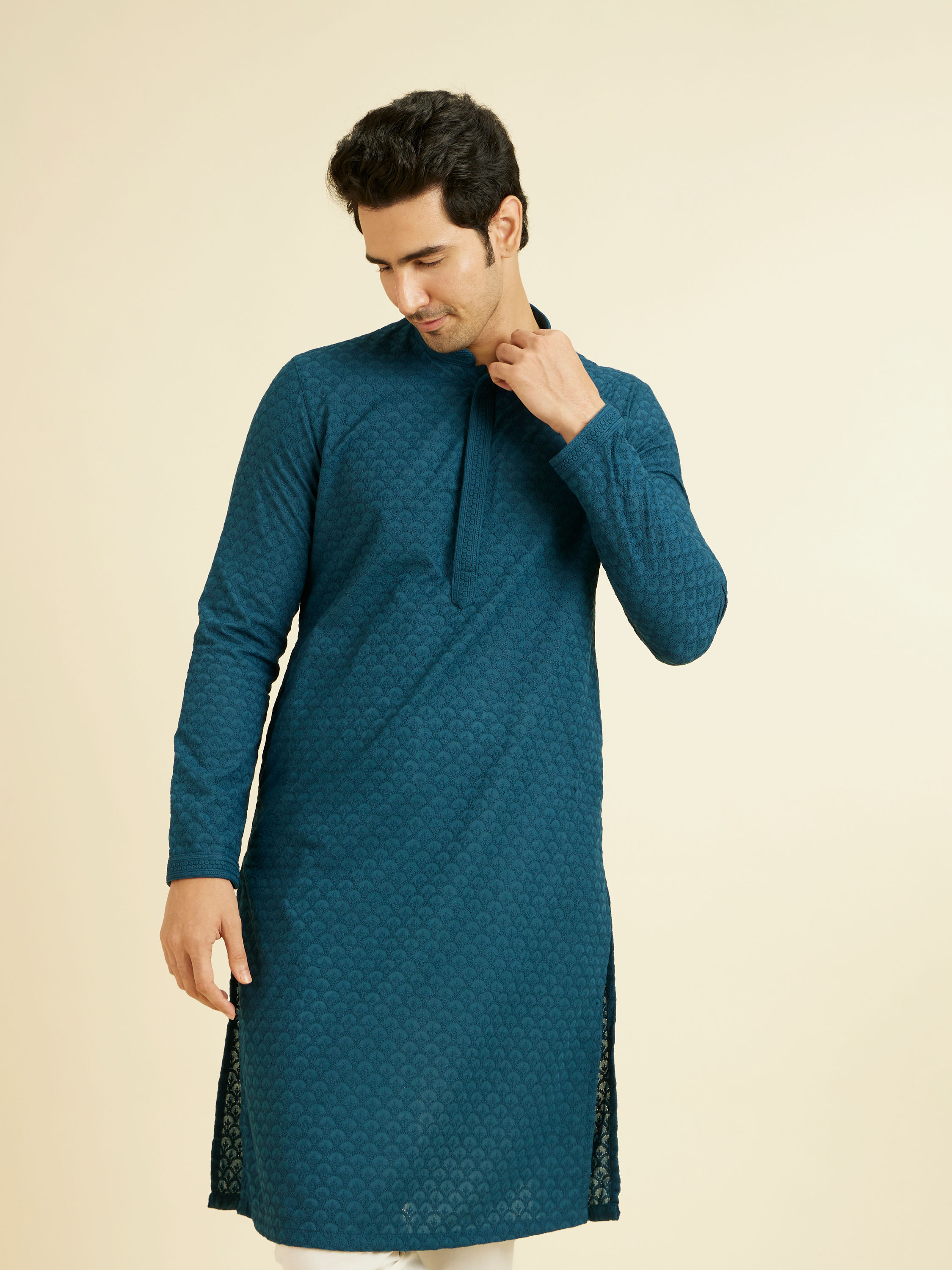 Manyavar Men Berry Blue Chikankari Kurta Set