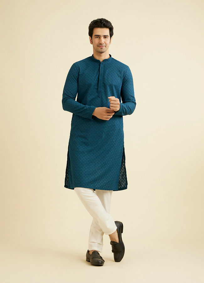 alt message - Manyavar Men Berry Blue Chikankari Kurta Set image number 2