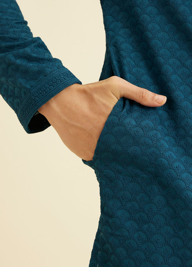 Manyavar Men Berry Blue Chikankari Kurta Set