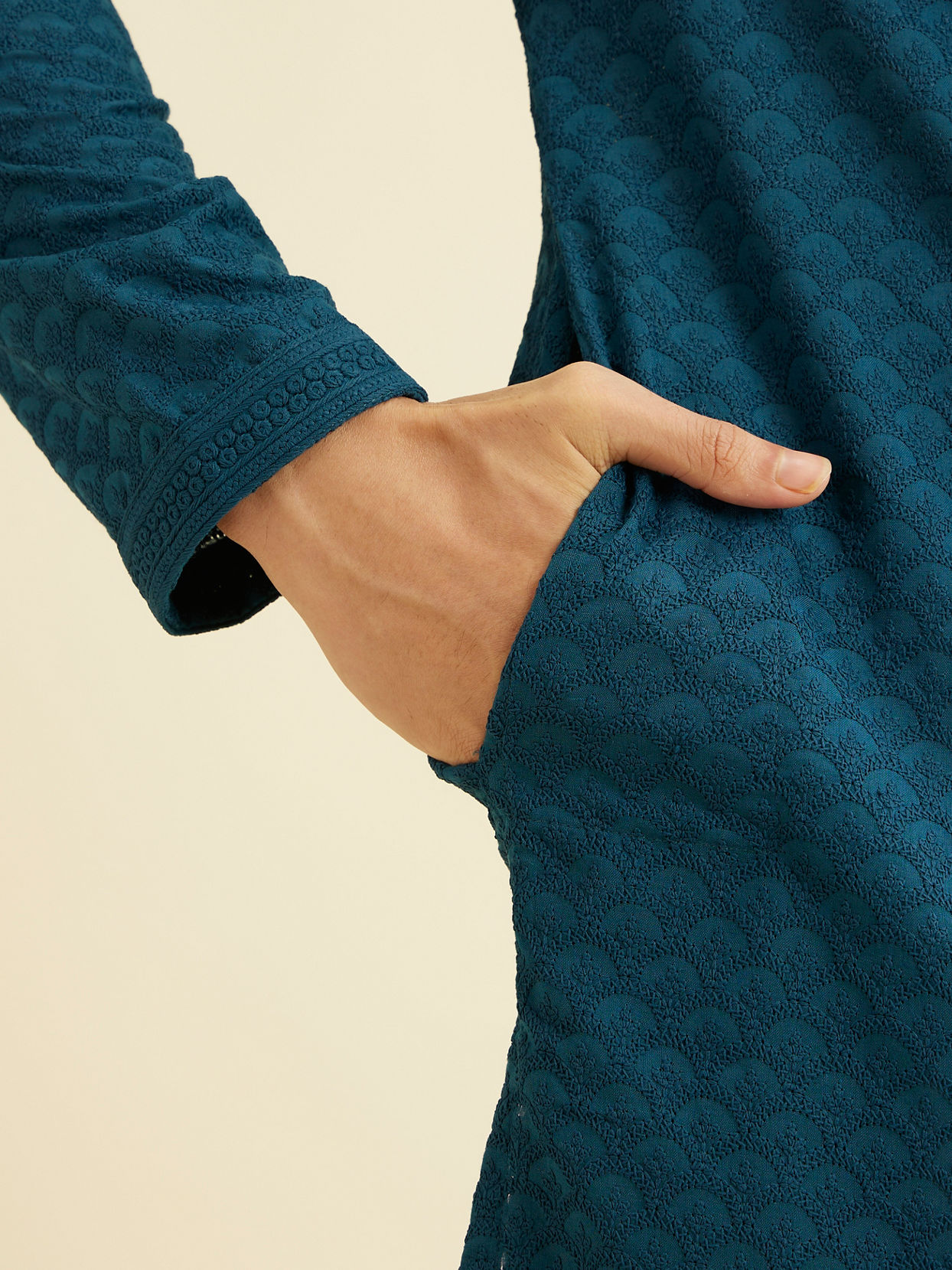 Manyavar Men Berry Blue Chikankari Kurta Set