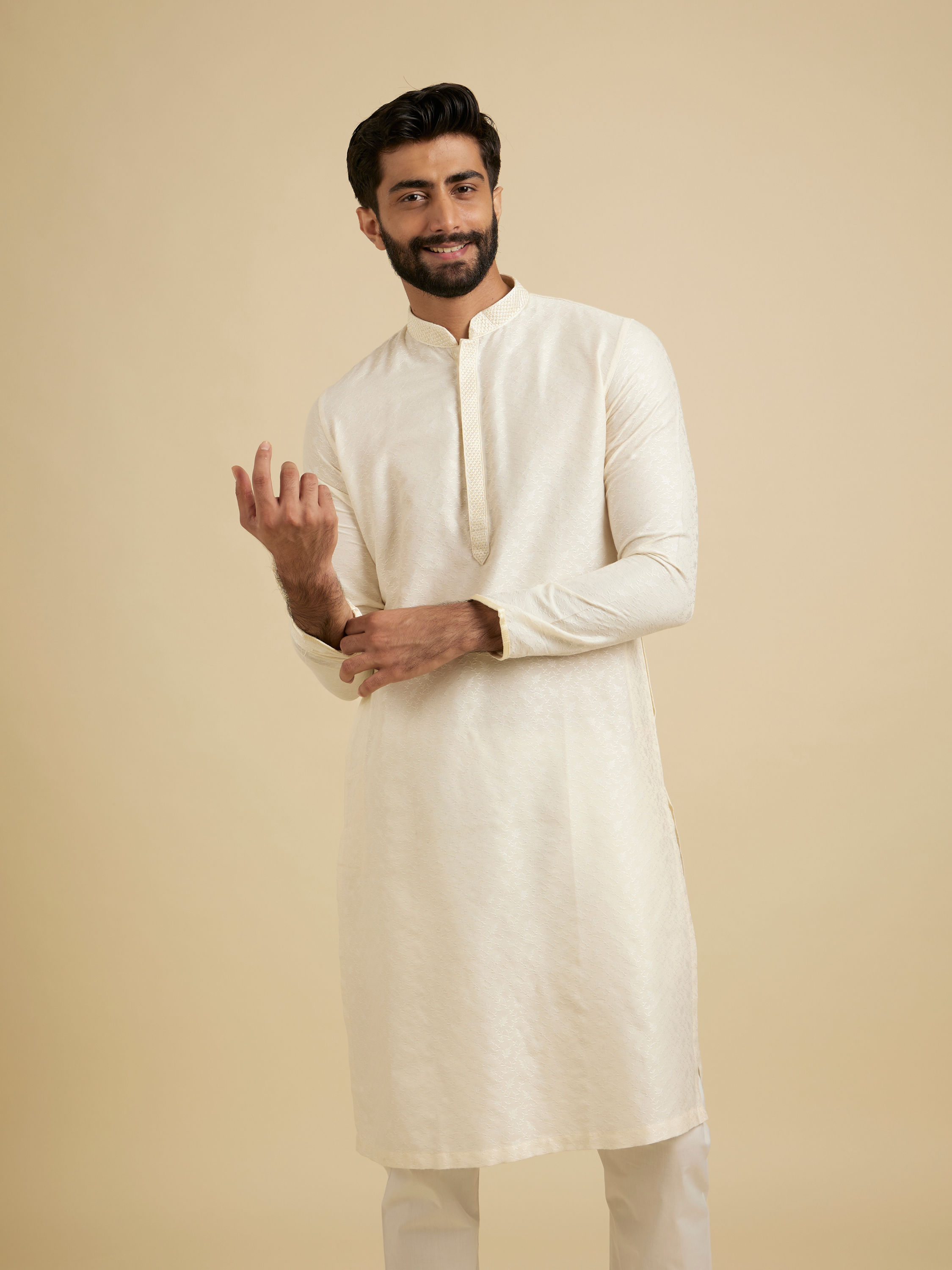 Manyavar Men Off White Self Embossed Kurta Set