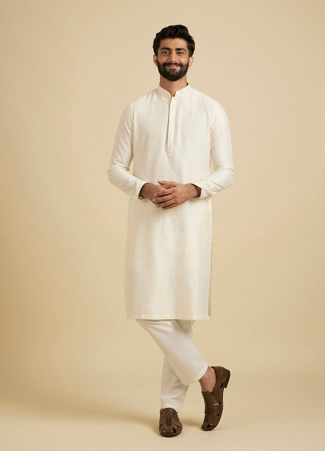 Manyavar Men Off White Self Embossed Kurta Set