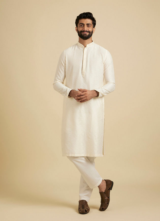 Manyavar Men Off White Self Embossed Kurta Set image number 2