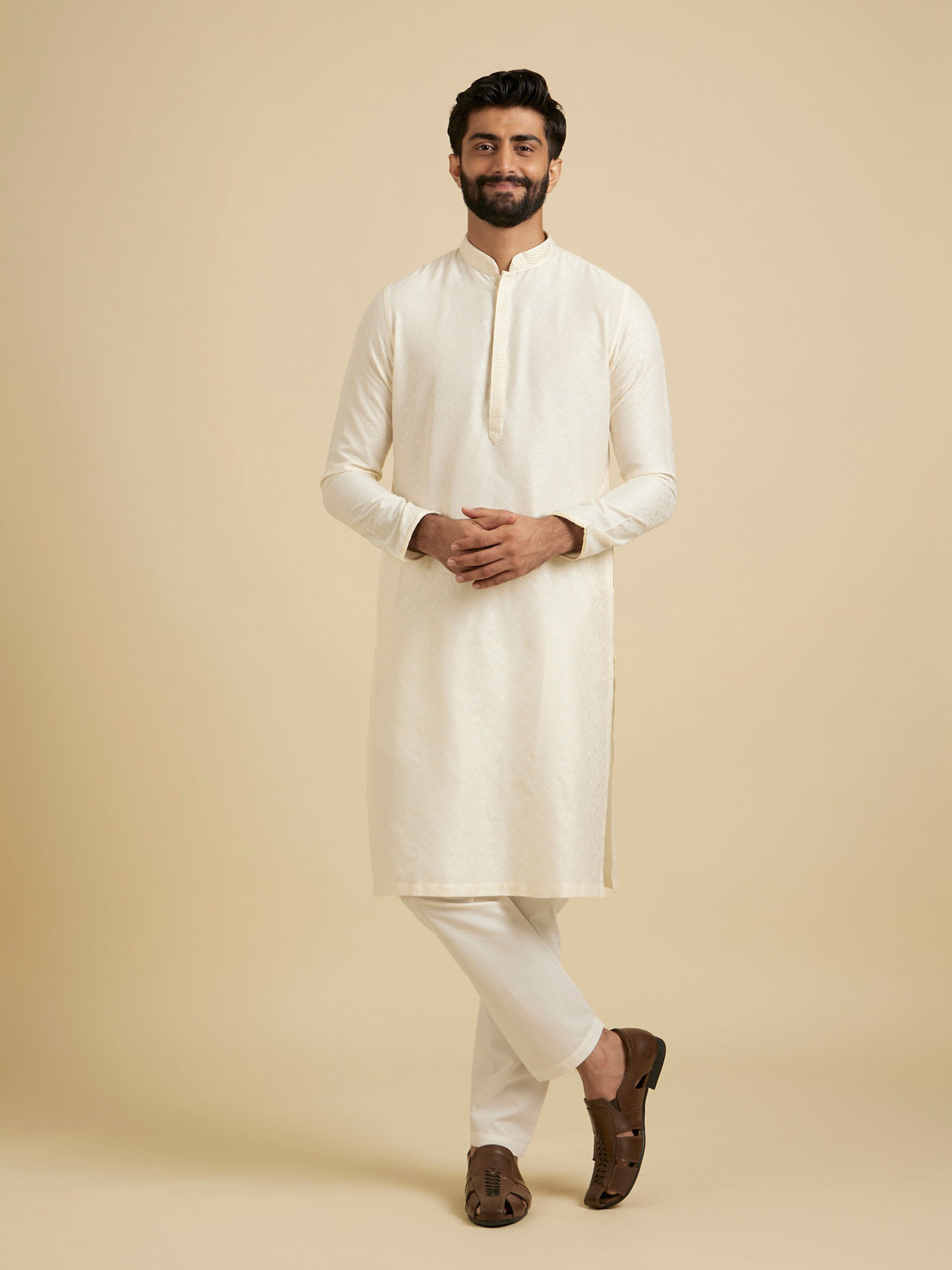 Manyavar Men Off White Self Embossed Kurta Set image number 2