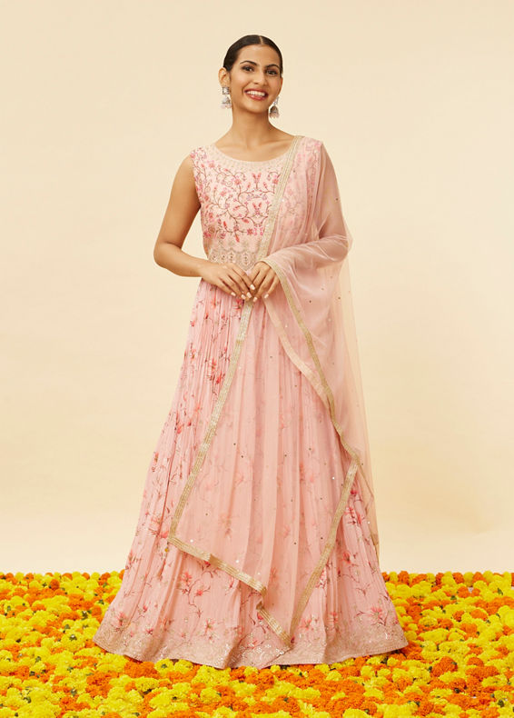 Mohey Women Blush Pink Floral Embroidered Anarkali Suit