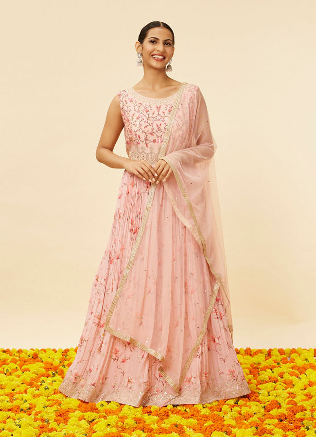 Mohey Women Blush Pink Floral Embroidered Anarkali Suit