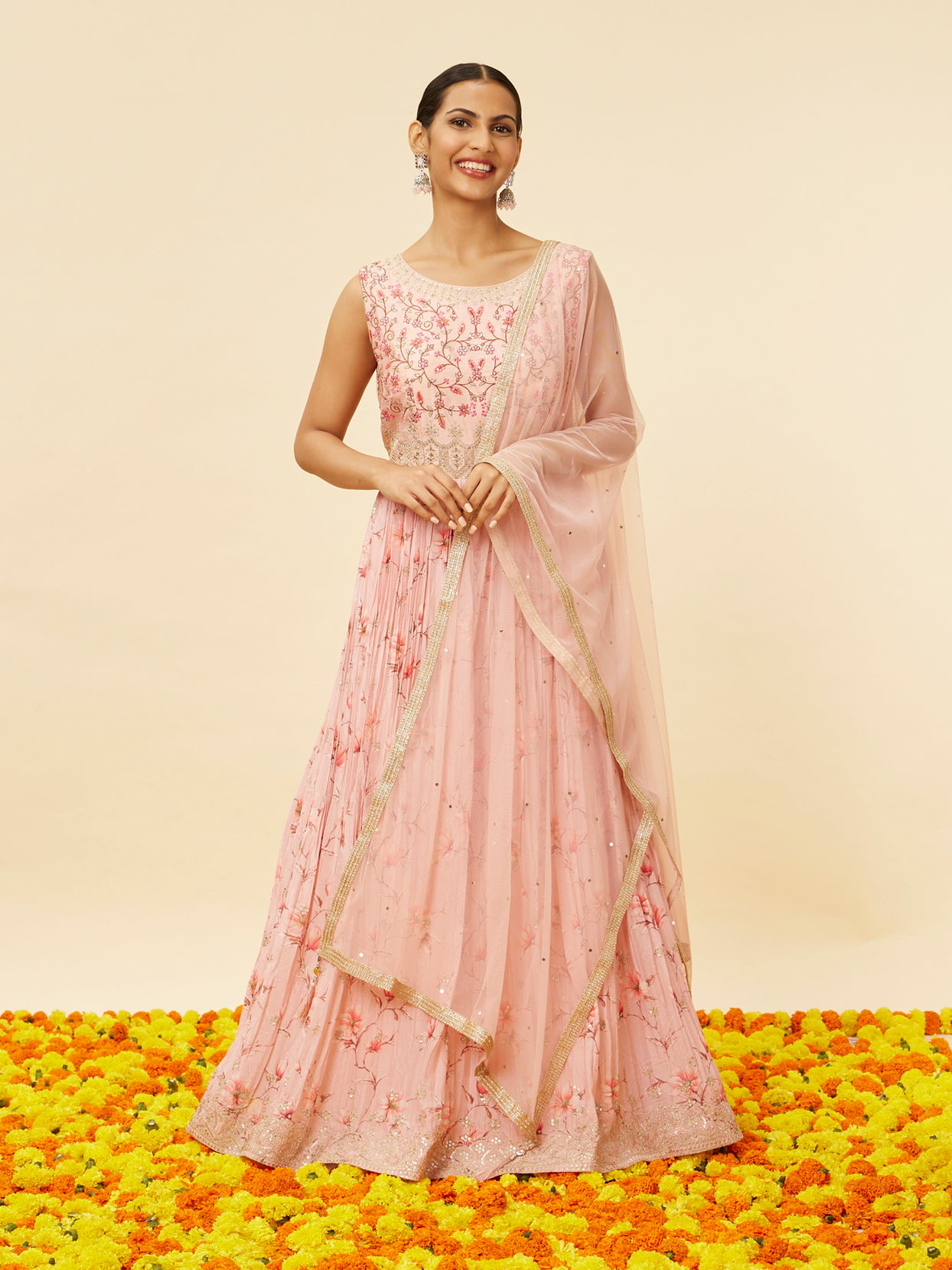 Mohey Women Blush Pink Floral Embroidered Anarkali Suit