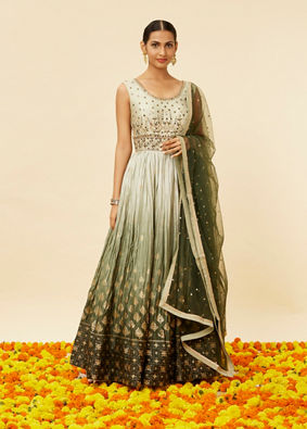 Mohey Women Mehendi and Sage Green Buta Patterned Anarkali Suit