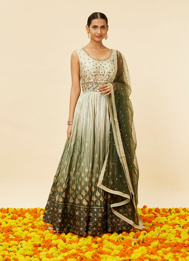 Mehendi and Sage Green Buta Patterned Anarkali Suit image number 0