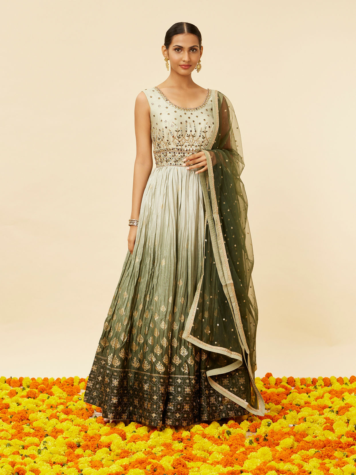 Mohey Women Mehendi and Sage Green Buta Patterned Anarkali Suit