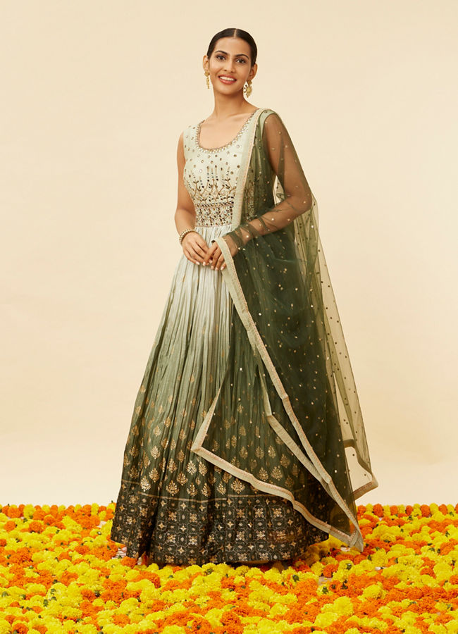 Mohey Women Mehendi and Sage Green Buta Patterned Anarkali Suit